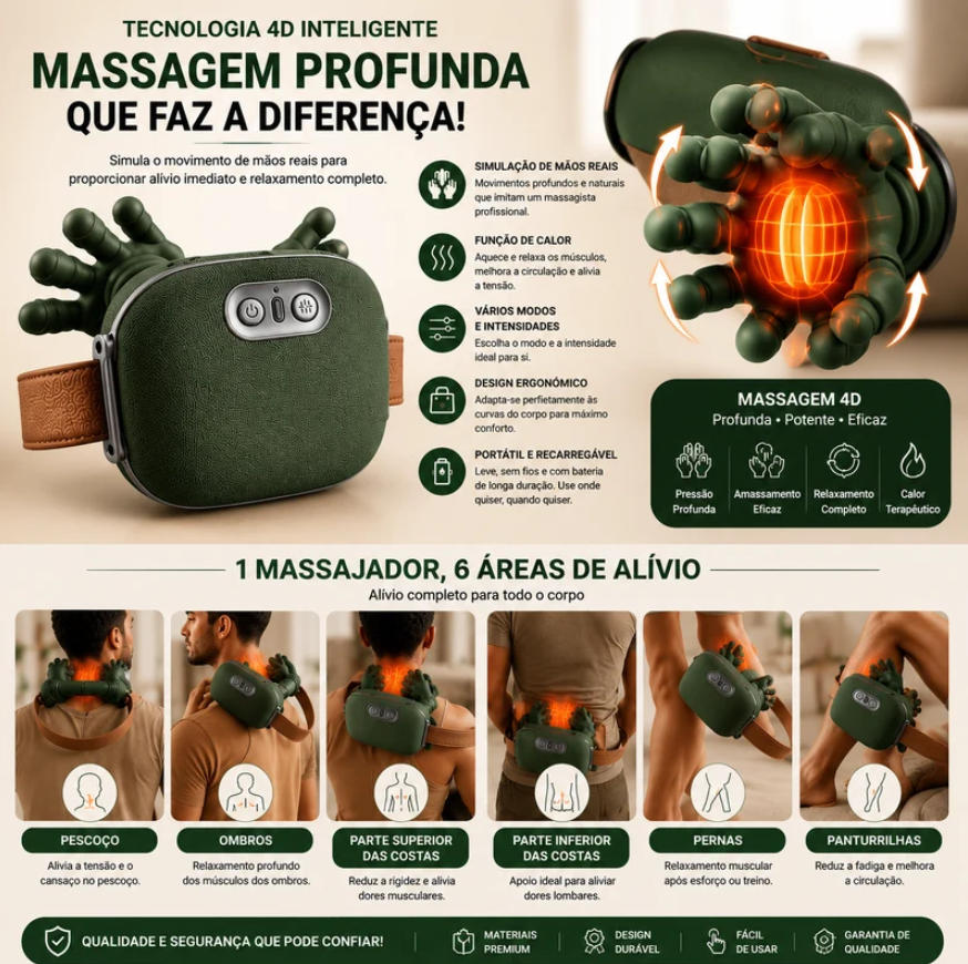 Massageador Shiatsu Elétrico para Pescoço, Ombros e Costas – Alívio Profundo